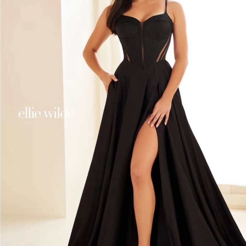 Ellie Wilde Black Prom Gown with Slit and Sweetheart Neckline